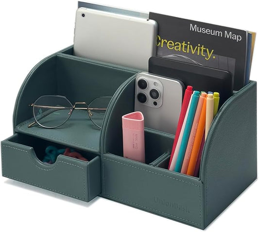 UnionBasic Desk Organizer - Multifunctional Leather Desktop Pen Holder Storage Box - Business Card/Pen/Pencil/Mobile Phone/Stationery Holder, Dark Ivy
