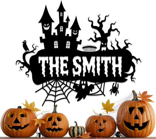 Personalized Haunted House Sign, Custom Family Name Metal Signs, Halloween Metal Wall Art with Witch Bats Pumpkins Skull Ghost Spider, Scary Halloween Decorations, Gothic Home Decor for Home