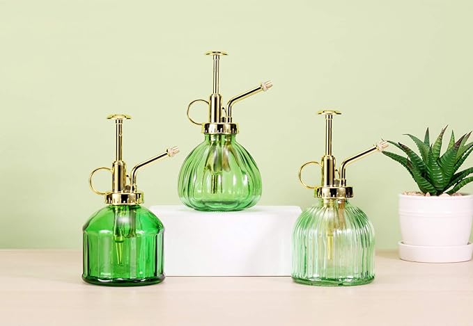Glass Plant Mister Spray Bottle, 6.5" Green Glass Water Spray Bottle with Gold Top Pump Small Watering Can, Small Plant Sprayer Mister for Indoor Outdoor House (Green+Gold A)