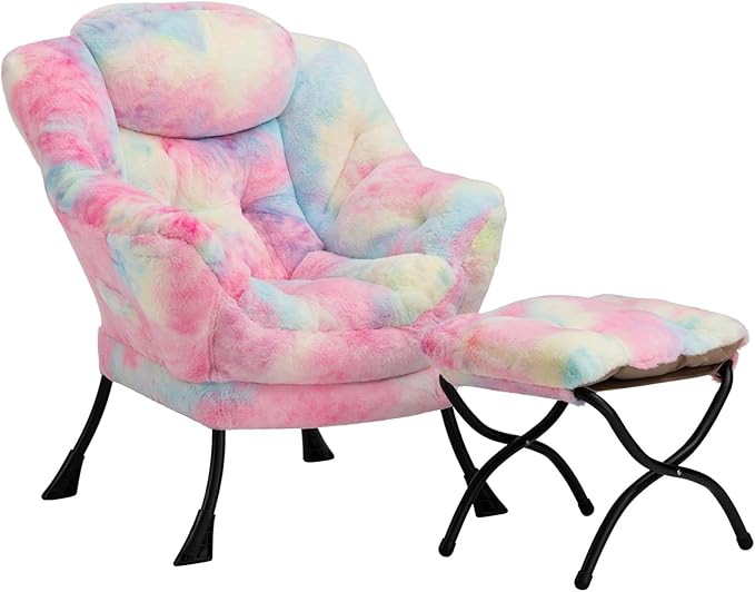 HollyHOME Faux-Fur Lazy Chair with Foldable Ottoman, Accent Comfy Lounge Arm Chair and Folding Footrest Stool Set, Leisure Sofa Reading Chair and Footstool for Living Room, Bedroom, Dorm, Colorful