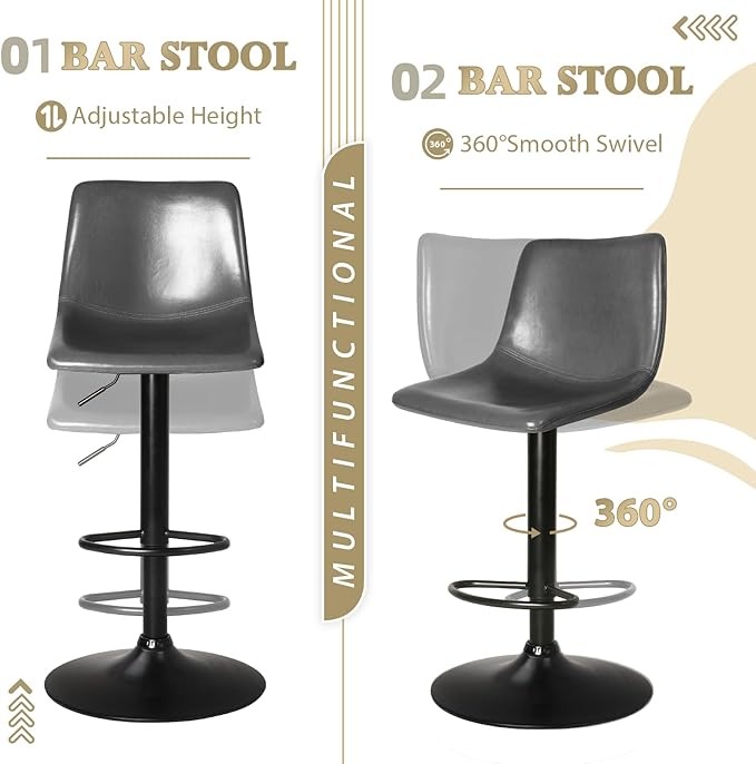 LEMBERI Bar Stools Set of 4 Modern Swivel Bar Chairs, Barstools Counter Height with Backrest, Adjustable Faux Leather Upholstered Bar Stool for Kitchen Island, Grey