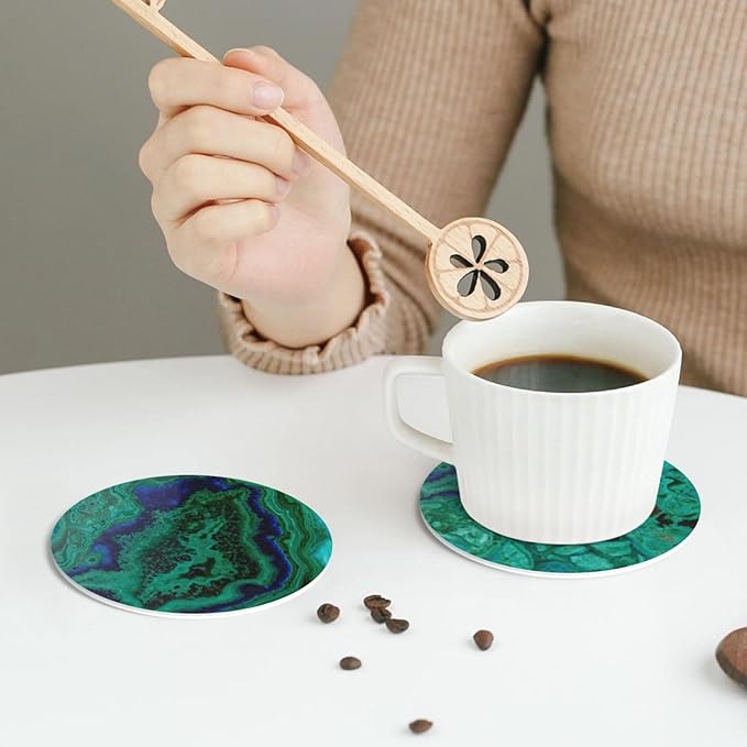 Agate Marble Green Coasters Set of 6 Coasters for Drinks Absorbent Double-Sided Leather PVC Coaster for Tabletop Protection Coffee Table Decor Ideal for Home Decor House Warming Gifts