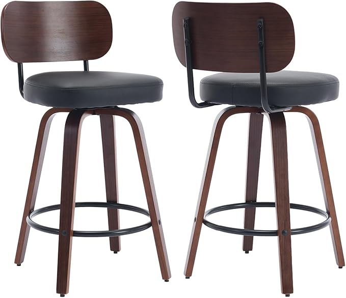 Counter Stools Set of 2, 26 inch Swivel Counter Height Bar Stools with Walnut Back,Upholstered PU Leather, Bentwood Legs, Mid Century Modern Bar Chairs for Kitchen Island, Black