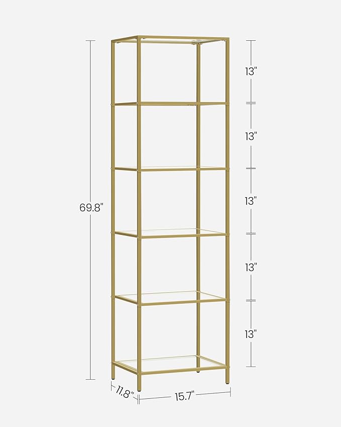 VASAGLE Bookcase, 6-Tier Bookshelf, Slim Shelving Unit for Bedroom, Bathroom, Home Office, Tempered Glass, Steel Frame, Metallic Gold ULGT500A01