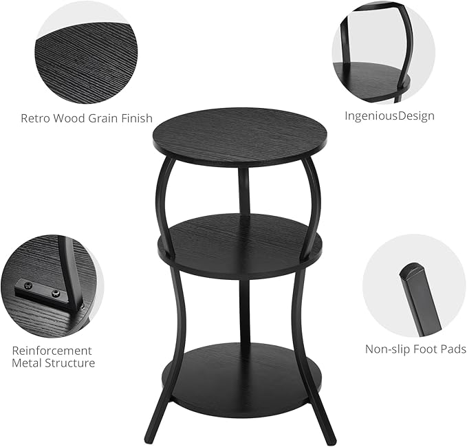 Vintage Small Round Side Table, 3-Tier Slim Waist Circular End Table with Storage Shelf, Compact Tea Sofa Side Table, Round Corner Coffee Table Nightstand for Living Room Bedroom Small Spaces,Black