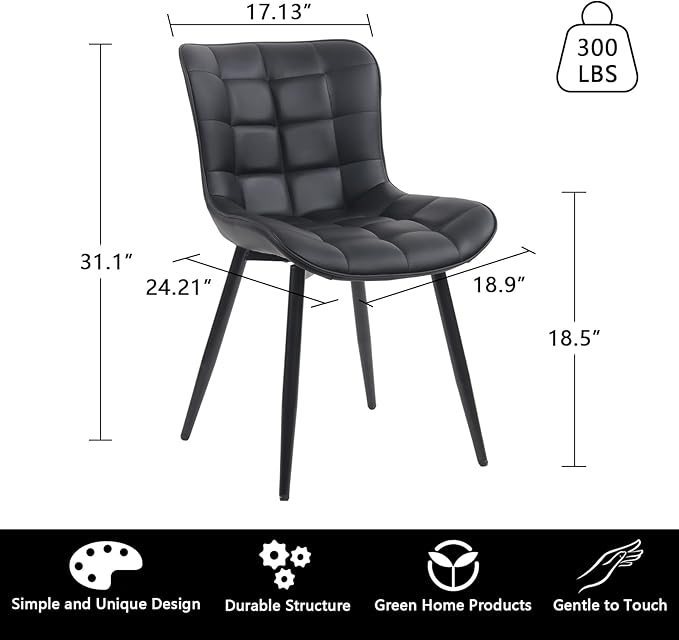 YOUTASTE All Black Dining Chairs Set of 2, Faux Leather Upholstered Armless Chairs with Back and Metal Legs, Mid Century Modern Kitchen Chairs for Living Room, Vanity, or Guest Reception Room