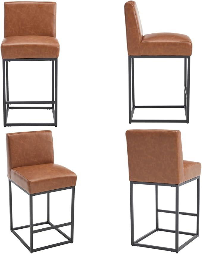 VESCASA Faux Leather 27 inches Counter Height Bar Stools with Padded Back, Modern Upholstered Counter Stool Chairs with Black Metal Frame for Kitchen Island, Set of 4, Brown