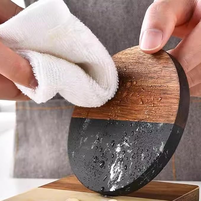 I-LAN Set of 4 Round Natural Wood and Marbel Drink Coasters for Coffee Wooden Table, Drink Bar Coaster Set/Tea Table Coasters for Living Room,Beer Cans,Bar Glasses,4 x 4 Inch