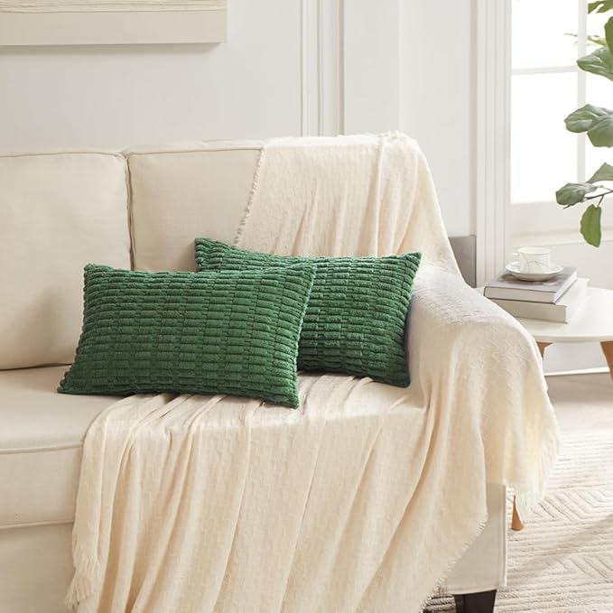 Fancy Homi Set of 4 Green Lumbar Rectangle Decorative Throw Pillow Covers 16x24 Inch for Couch Bed Chair, Aesthetic Boho Room Decor, Soft Fuzzy Thick Corduroy Textured Cushion Case 40x60cm