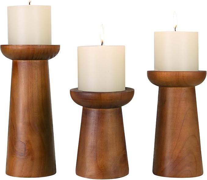 Pillar Candle Holders Set of 3， Wooden Candle Holders， Decorative Wood Candlestick Holders for Living Room, Table Centerpiece for Wedding, Christmas, Party, Home - 6", 8", 10"