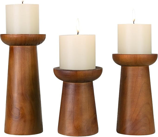 Pillar Candle Holders Set of 3， Wooden Candle Holders， Decorative Wood Candlestick Holders for Living Room, Table Centerpiece for Wedding, Christmas, Party, Home - 6", 8", 10"