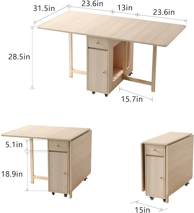 Extendable Drop Leaf Folding Dining Table with 2 Drawers and 4 Wheels for Living Room Kitchen Farmhouse Space Saving Table in Wood Color