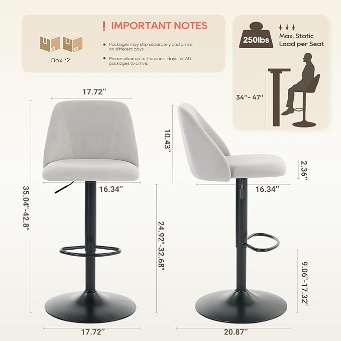 COLAMY Bar Stools Set of 4, Modern Swivel Bar Chairs, Adjustable Upholstered Barstools Counter Height with Full Backrest for Bar, Dining Room, Kitchen Island, Grey