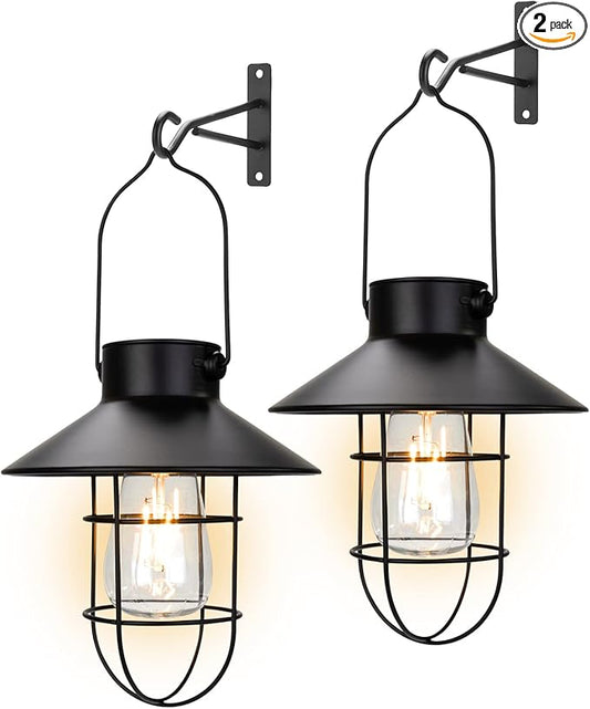 pearlstar Solar Lantern Outdoor 2 Packs Hanging Light Metal Solar Lamp with Warm White Edison Bulb Design for Garden Yard Patio Proch Decor(Black)