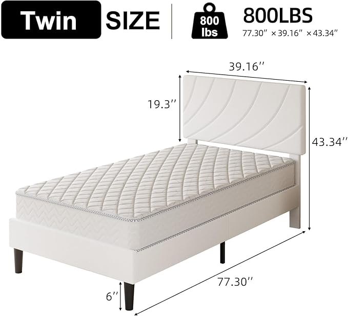 HOMBCK Twin Size Bed Frame, Bed Frame Twin with Linen Fabric Upholstered Headboard and Wooden Slats Support,Adjustable Headboard, No Box Spring Needed, Noise-Free, Easy Assembly, White