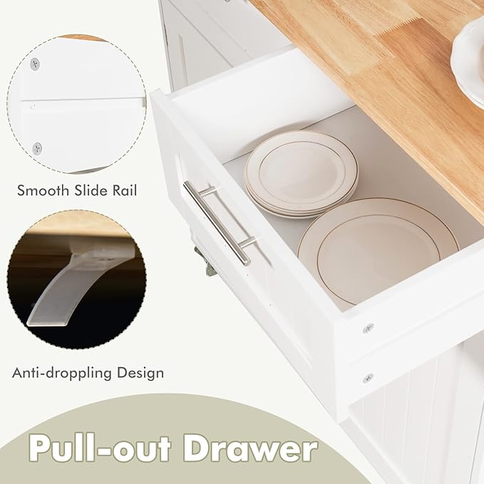 COSTWAY Kitchen Island on Wheels, Kitchen Cart with Side Towel Bar, 2 Drawers, 2 Door Cabinet, Rolling Storage Trolley Cart with Rubber Wood Top & Lockable Casters (White)