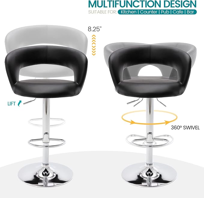 Brage Living Wide Bar Stool, Modern PU Leather Swivel Adjustable Barstool with Hollow Back and Arms, Upholstered Airlift Counter Height Bar Chair for Kitchen Dining (Black)