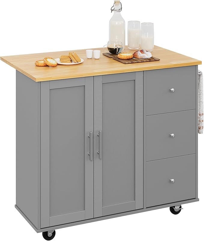 Shintenchi Rolling Kitchen Island Cart with Folding Drop Leaf Breakfast Bar, Portable Trolley Island with Large Storage Cabinet, Shelf and Drawer, Gray