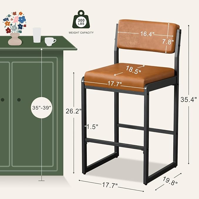 Mid Century Modern Counter Height Bar Stools Set of 3, 26" Bar Height Chairs with Backs, Upholstered Counter Stools, Metal Barstools for Kitchen Island (Brown- Faux Leather, 26"H - Set of 3)