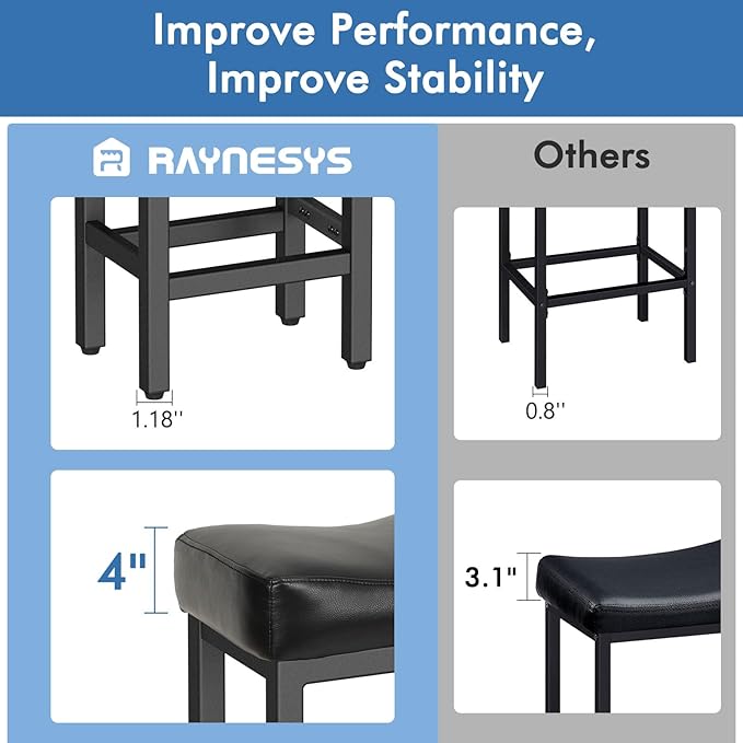 Counter Height Bar Stools Set of 3, 24 Inch Barstools for Kitchen Island Counter, Bonded Leather Kitchen Stools with Saddle Seats & Metal Base, Easy Assembly, Black