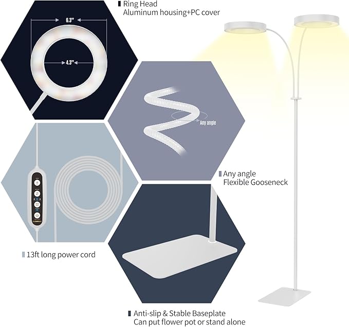 GLOWRIUM Grow Lights for Indoor Plants, 36W Full Spectrum 2-Head LED Plant Light with Stand, Adjustable Height, 3/9/12H Timer, 6 Dimmable Levels & 3 Lighting Modes (White-Double Head)