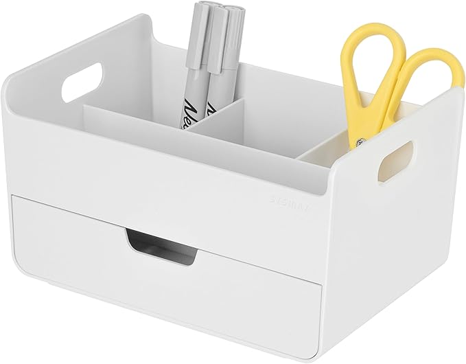 BLUE GINKGO Portable Desk Organizer – Compact 3 Compartment, Half-drawer Storage – Pen Holder, Stationery Desktop Organizer for Office, Makeup, Crafts (Made in Korea, White)