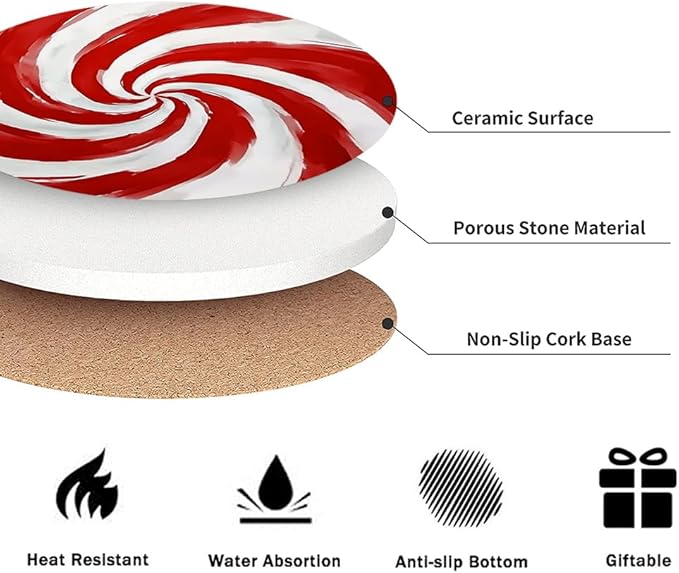 Christmas Drink Absorbent Coasters with Holder Set of 6, Ceramic Stone with Cork Base, Red and White Candy Cane Coaster for Drinks, Gift for Housewarming Room Bar Home Decor Kitchen