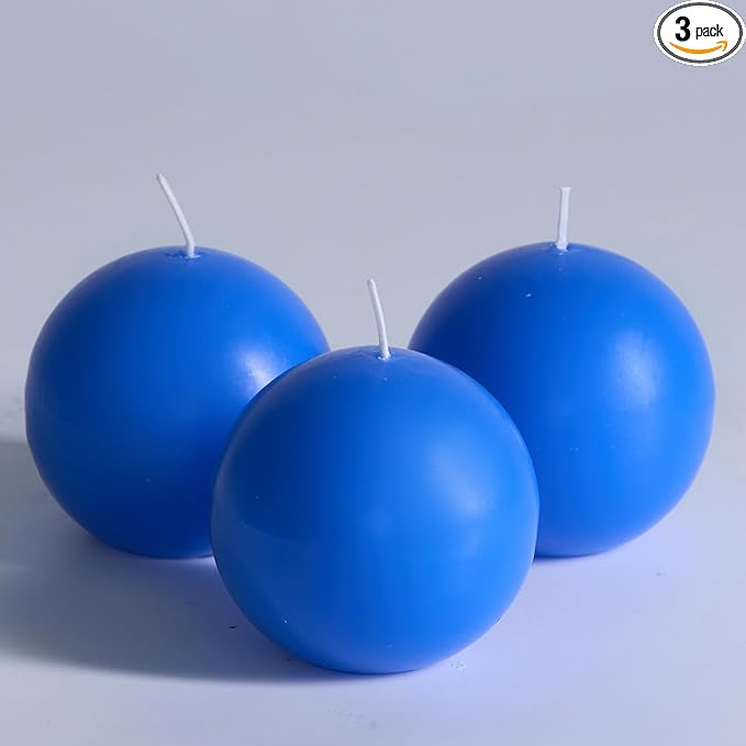MOZEAL Hand-Poured, 3 Inch Blue Round Ball Candles - Elegant Blue Round Pillar Candles Set of 3, Dripless, Unscented, Smokeless, Ideal for Summer Parties.