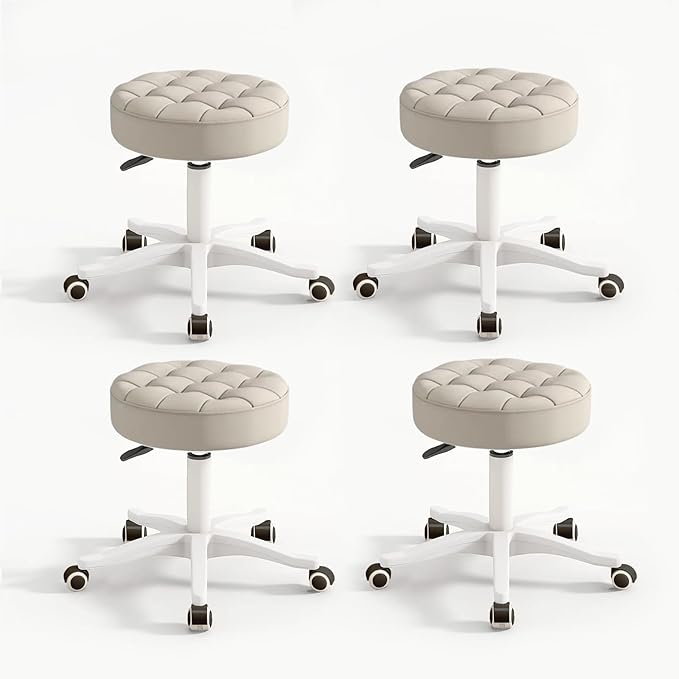 Small Chair Round Rolling Stool with Wheels PU Leather Height Adjustable Swivel Drafting Work SPA Salon Stools Home Office Chair