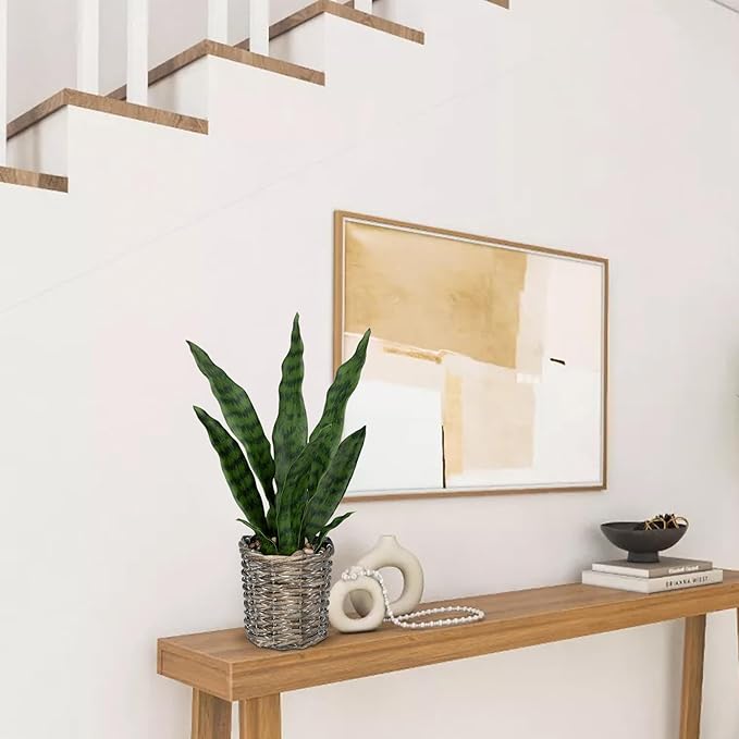 DILATATA Artificial Snake Plant 15 Inch Fake Sansevieria with Woven Basket Pot, Fake Mother in Law Plants Faux Potted Plant Greenery for Home Office Decor Indoor - Green