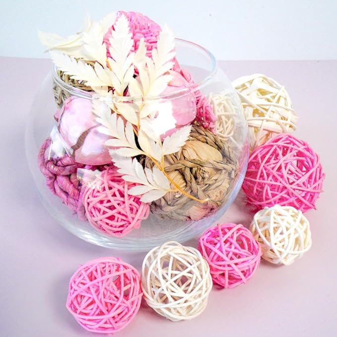 Qingbei Rina Pink Decorative Balls for Bowls, Assorted Vase Filler for Centerpieces, Wicker Rattan Balls Decorative Orbs Woven Spheres, Bowl Fillers for Home Decor