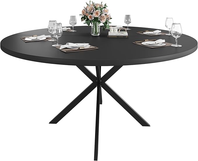 47.24" Round Dining Table, Modern Dining Room Table for 4-6 Person, Wood Round Kitchen Table with Metal Legs, Round Coffee Table for Home Dining Room Living Room (Black)