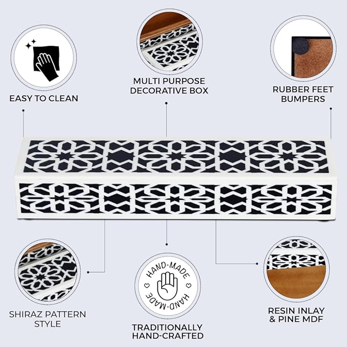 Handicrafts Home Decorative Storage Box with Lid- 10x2.5x1.5” Small Keepsake, Trinket Box, Memory Box- Decorative Boxes for Home Decor, Centre Table, Giftable Storage Accent- Shiraz- Black White