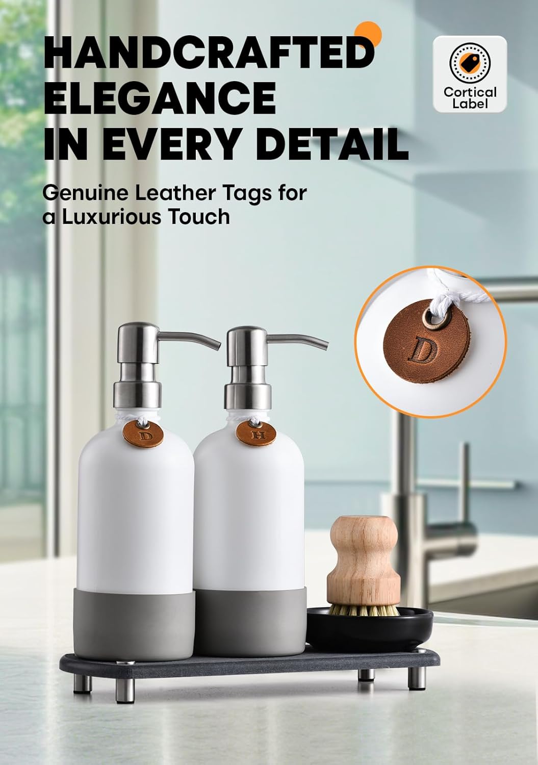 [Luxurious] Hand and Dish Soap Dispenser Set, Kitchen Soap Dispenser Set with Handmade Leather Tag, Instant Dry Tray, Stainless Steel Pump, Non-Slip Pad, Add Elegant Touch to Your Kitchen Sink