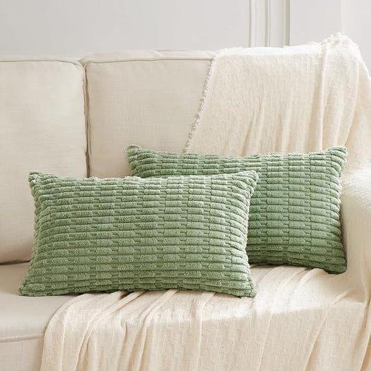 Fancy Homi 2 Packs Sage Green Lumbar Decorative Throw Pillow Covers 12x24 Inch for Living Room Couch Bed Sofa, Rustic Farmhouse Boho Home Decor, Soft Striped Corduroy Rectangle Cushion Case 30x60 cm
