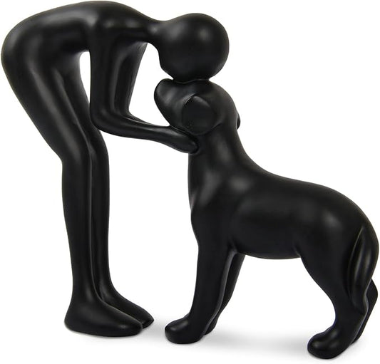 Dog Sculpture Home Decor Cute Man and Dog Statue Decoration for Office、Living Room、Bedroom、Home， Memory Gifts for Pet Lovers (Black)
