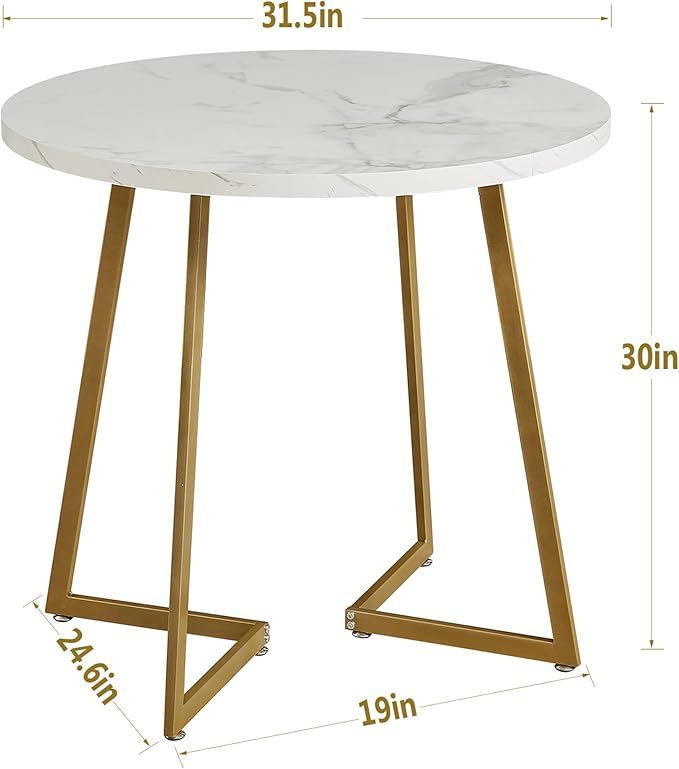 VECELO Round Dining Room Table with Wood Grain Tabletop and Steel Frame, for Kitchen, Living Room, Office, Conference, 2 to 4 Person, White & Gold