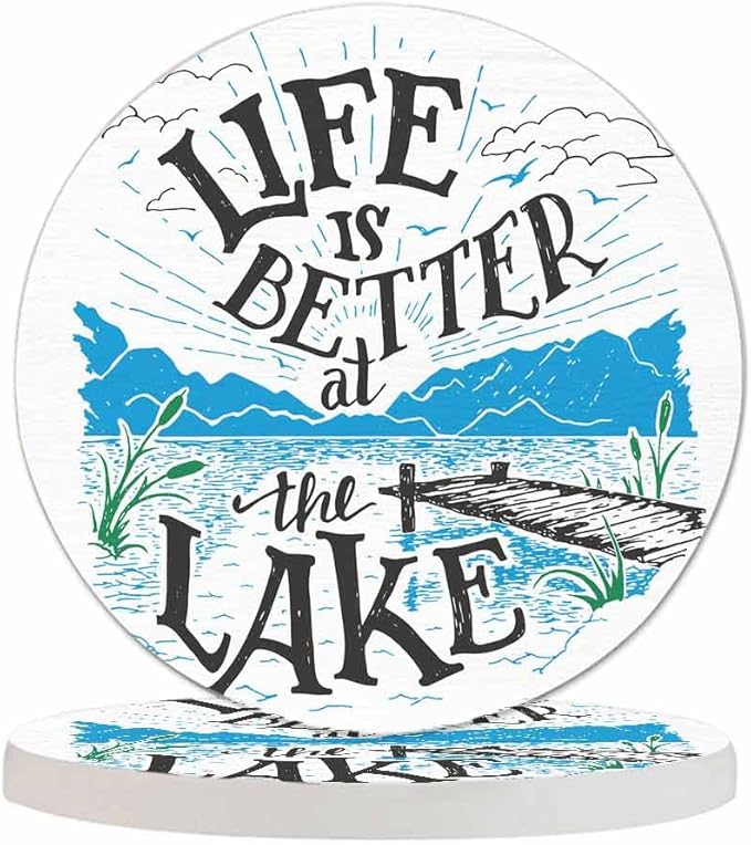 Life is Better at The Lake Drink Coaster for Tabletop Protection House Lakeside Sketch Rustic Living Cottage Holiday Non-Slip Cups Place Mats Home Decor Diatomite Material for Men Women