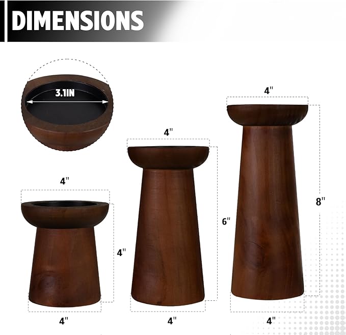 Pillar Candle Holders Set of 3， Wooden Candle Holders， Decorative Wood Candlestick Holders for Living Room, Table Centerpiece for Wedding, Christmas, Party, Home - 4", 6", 8"