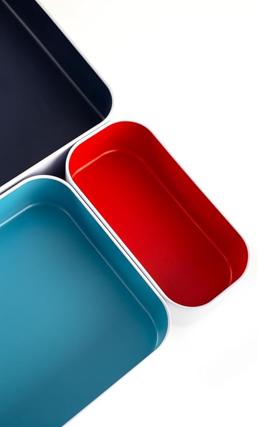 Three by Three Seattle 12 Piece Metal Organizer Tray Set for Storing Makeup, Stationery, Utensils, and More in Office Desk, Kitchen and Bathroom Drawers (Classic Colors)