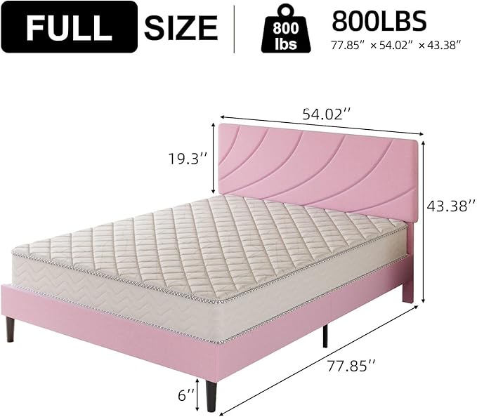 HOMBCK Full Bed Frame with Adjustable Headboard, Full Size Bed Frame with Linen Fabric Upholstered and Wooden Slats Support, No Box Spring Needed, Noise-Free, Easy Assembly, Pink