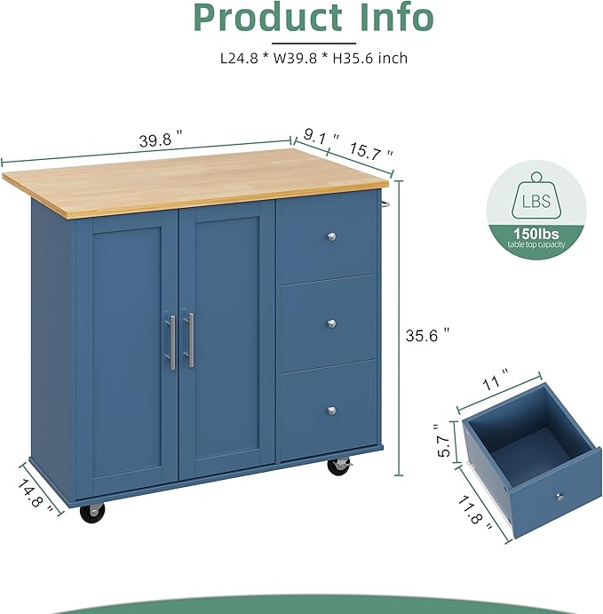 Shintenchi Rolling Kitchen Island Cart with Folding Drop Leaf Breakfast Bar, Portable Trolley Island with Large Storage Cabinet, Shelf and Drawer, Blue