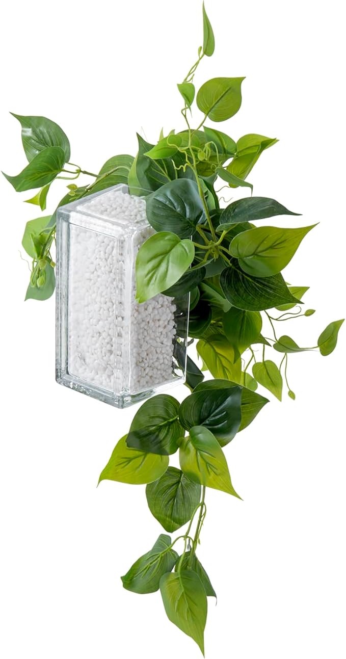 MyGift Artificial Pothos Plants Indoor, Fake Green Leaves Potted in 8 Inch Clear Glass Planter Box with White Pebbles, Faux Greenery Vines Table Centerpiece Home Decor