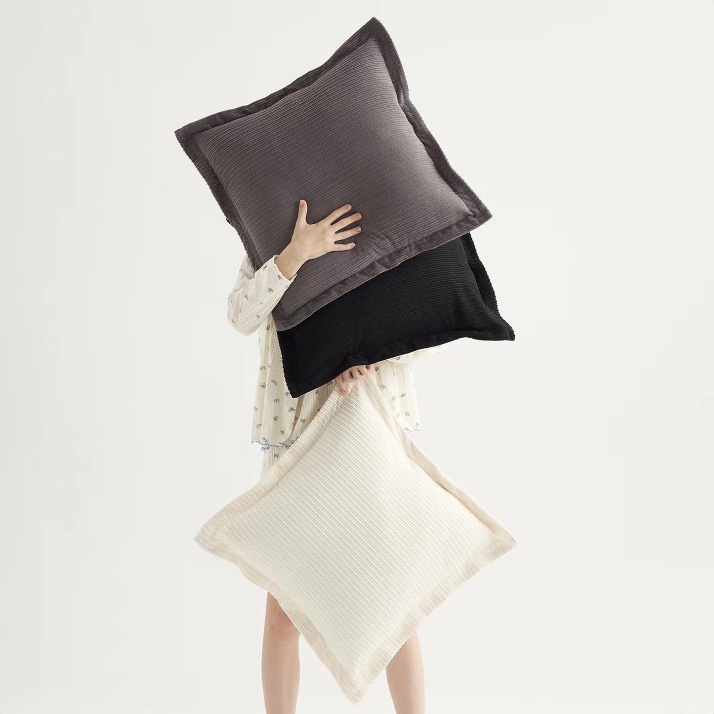 Pack of 3 Vintage Soft Throw Pillow Covers 20x20inch, Boho Striped Corduroy Neutral Pillow Covers for Modern Farmhouse Home Decor Cozy Living Room Bedroom Loung(Classic Black, White & Grey)