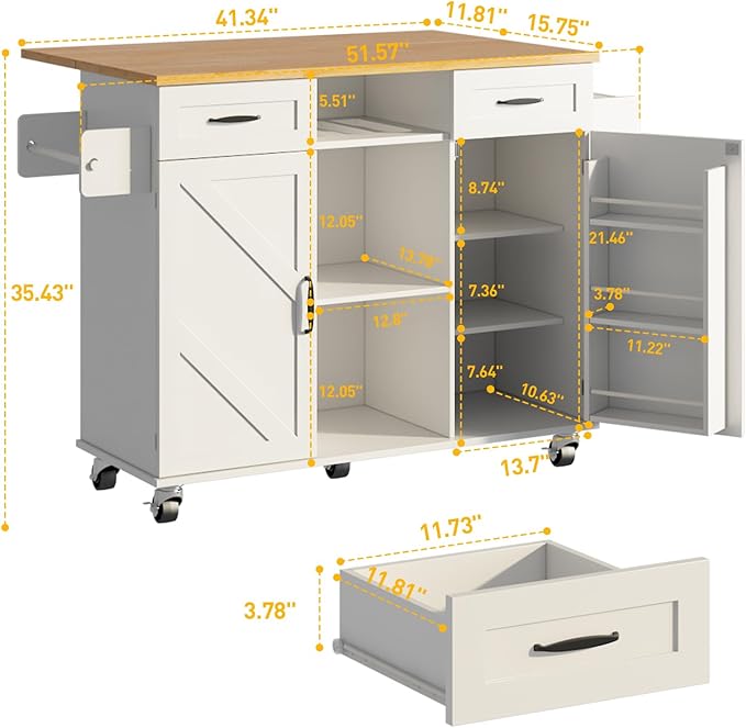 51.5'' Rolling Kitchen Island with Storage Cabinet & Drawers, Drop Leaf Kitchen Cart on Wheels, Farmhouse Portable Mobile Islands, Large Butcher Block Table with Tower/Spice Rack, White