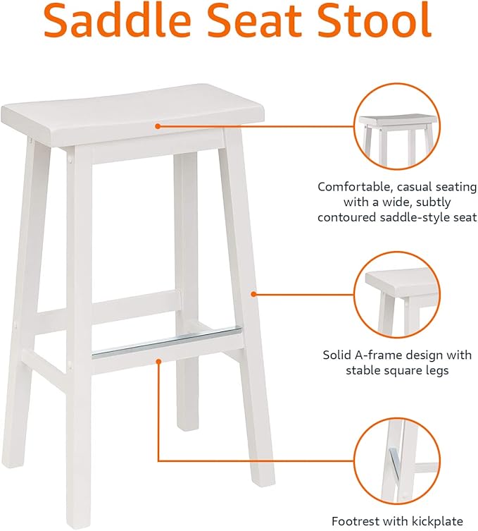Amazon Basics Solid Wood Saddle-Seat Kitchen Counter Barstool with Footrest, Easy Assembly - 29-Inch Height - White - Set of 2