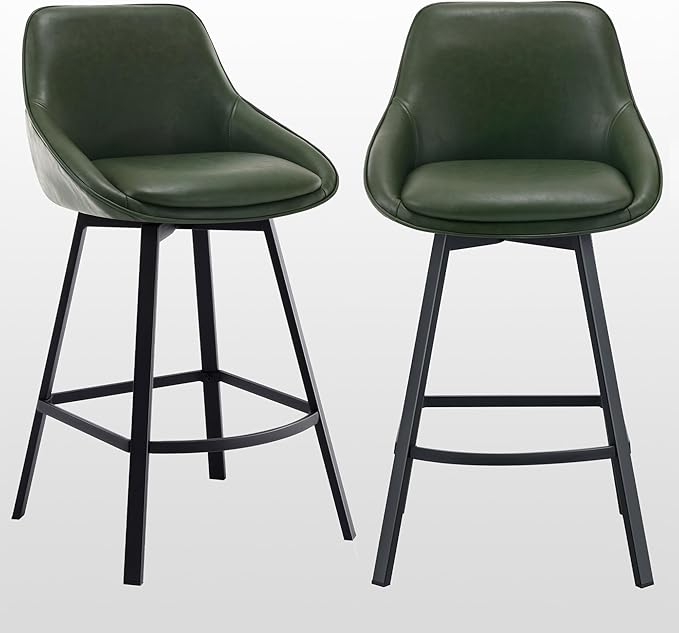 Zesthouse Swivel Counter Height Stools Set of 2, Modern Upholstered Barstools with Backs, 26'' Faux Leather High Chairs for Island Kitchen, Counter Height Chairs with Metal Legs, Green