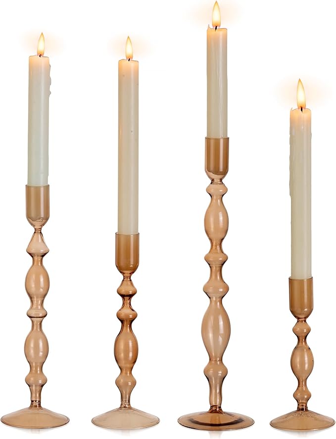 Glasseam Amber Taper Candle Holders: Set of 4 Decorative Modern Candle Sticks Holder Decor Tall Candlestick Holders for Table Fall Centerpiece Dining Thanksgiving Halloween