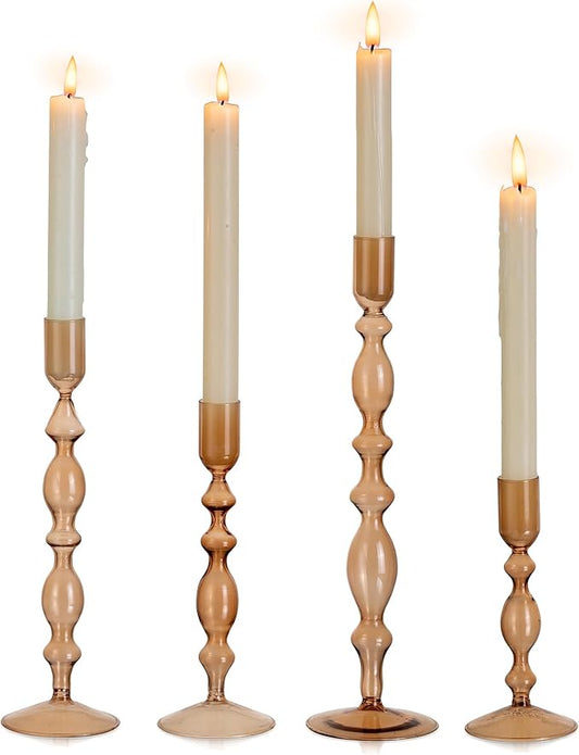 Glasseam Amber Taper Candle Holders: Set of 4 Decorative Modern Candle Sticks Holder Decor Tall Candlestick Holders for Table Fall Centerpiece Dining Thanksgiving Halloween
