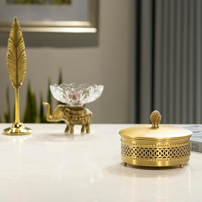 Gold Brass Decorative Boxes With Strawberry shape Handles, Jewelry Boxes Modern Storage Boxes，Round Hammered Metal Container, Brass Finish